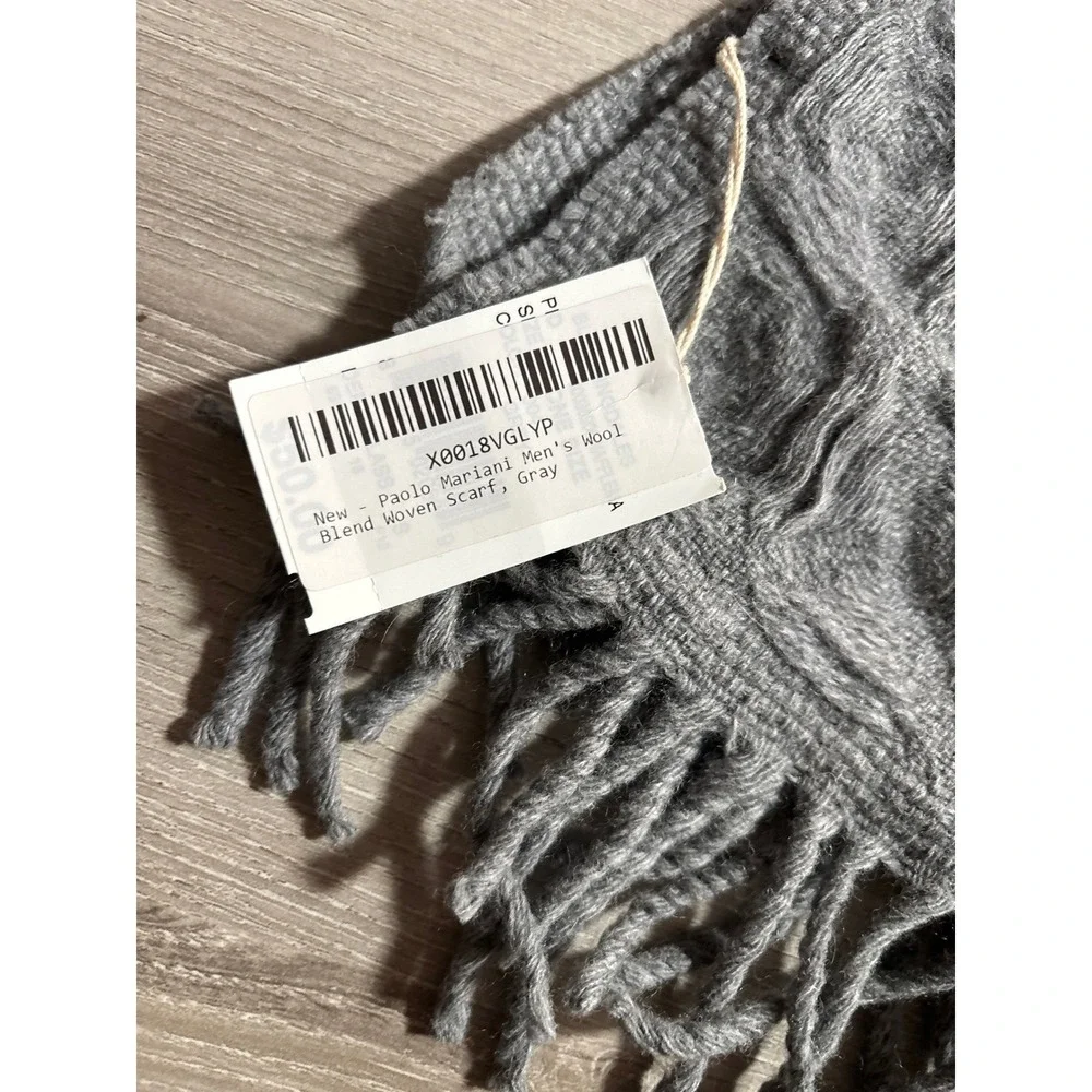 NWT Paolo Mariani Mens Wool Blend Scarf Gray Woven Made Italy Textured Fringed